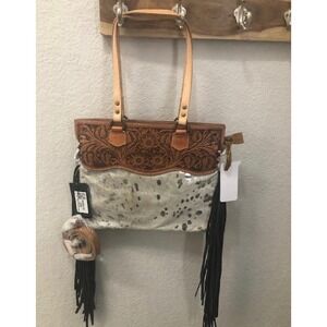 American Darling Purse New Acid Silver Wash Leather Cowhide Embossed Fringe